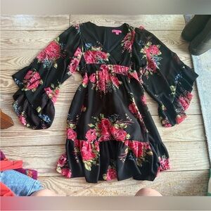 Betsey Johnson Black Floral Ruffle-Sleeve Dress - Pink Rose Print
